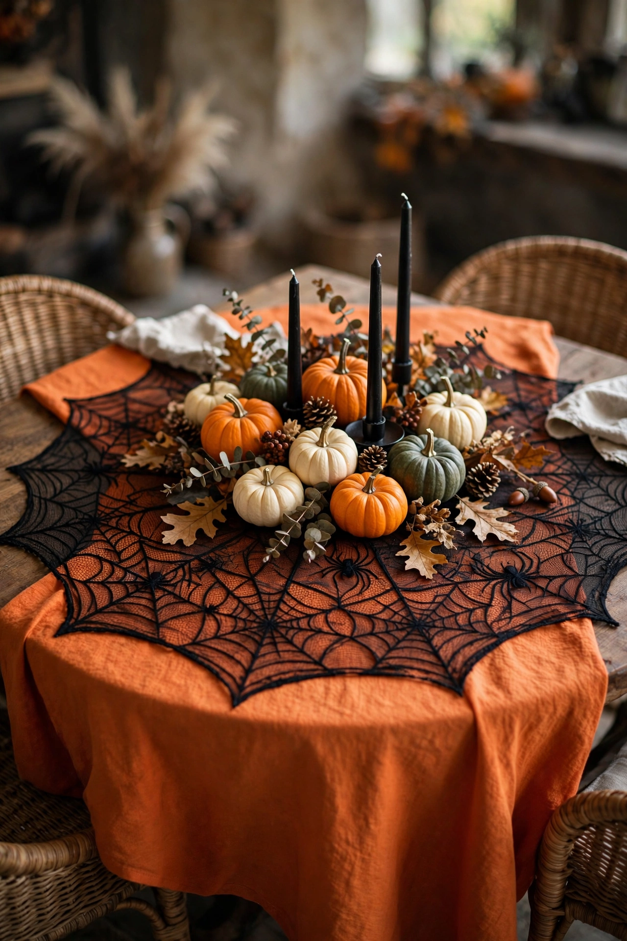 Round spider web tablecloth layered over an orange cloth with pumpkins and candles as centerpiece