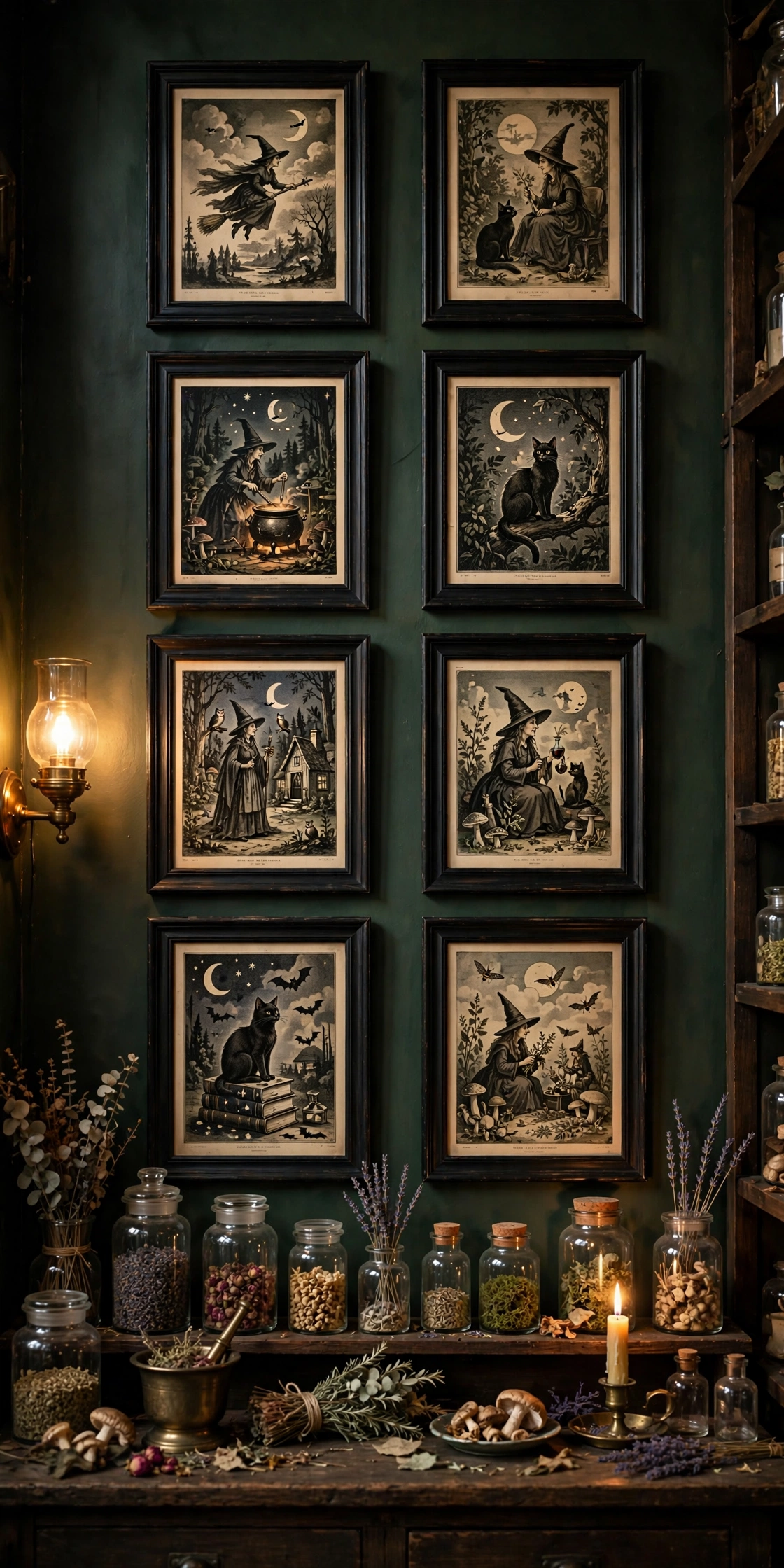 Gallery wall of framed vintage witch illustrations on a dark wall