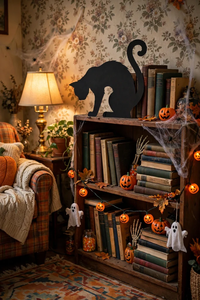 Black paper cat silhouette with arched back perched on a bookshelf among books