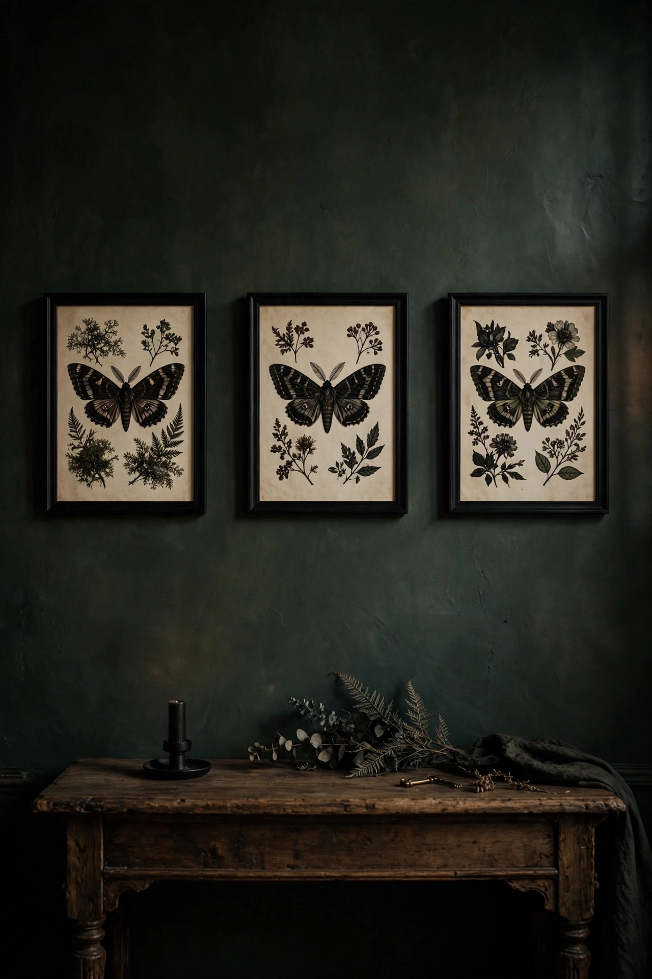 Slim black frames with dark botanical moth prints hung above a wooden console table