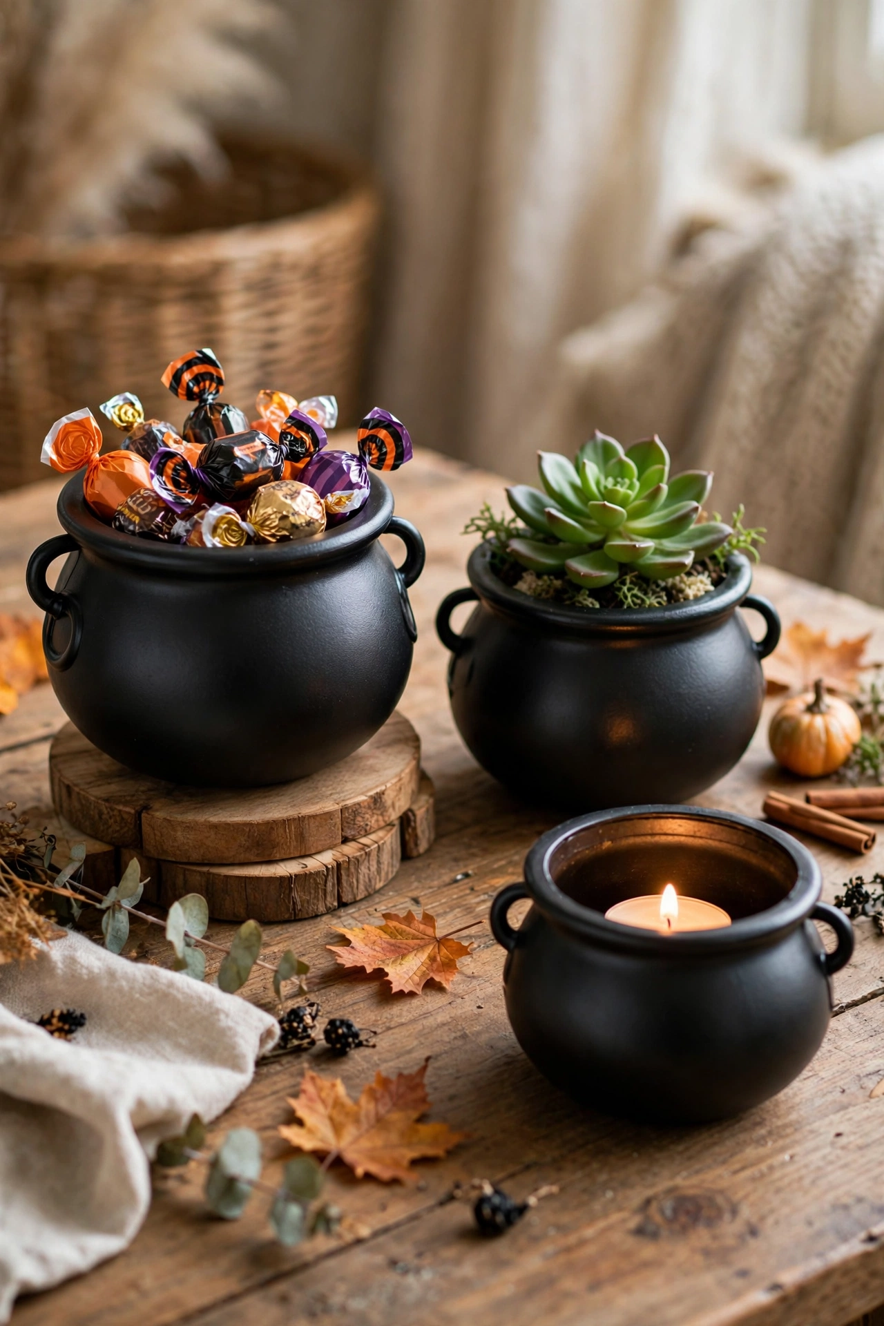 Three small black plastic cauldrons used as candy bowl, succulent planter, and candle holder