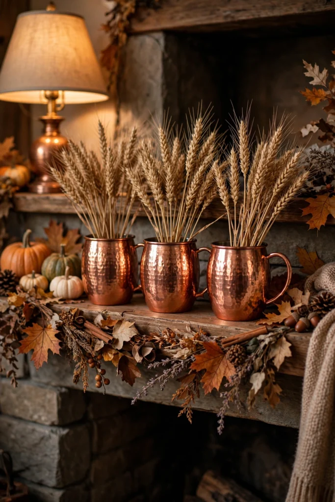 copper mugs holding dried wheat stems arranged on a fall mantel