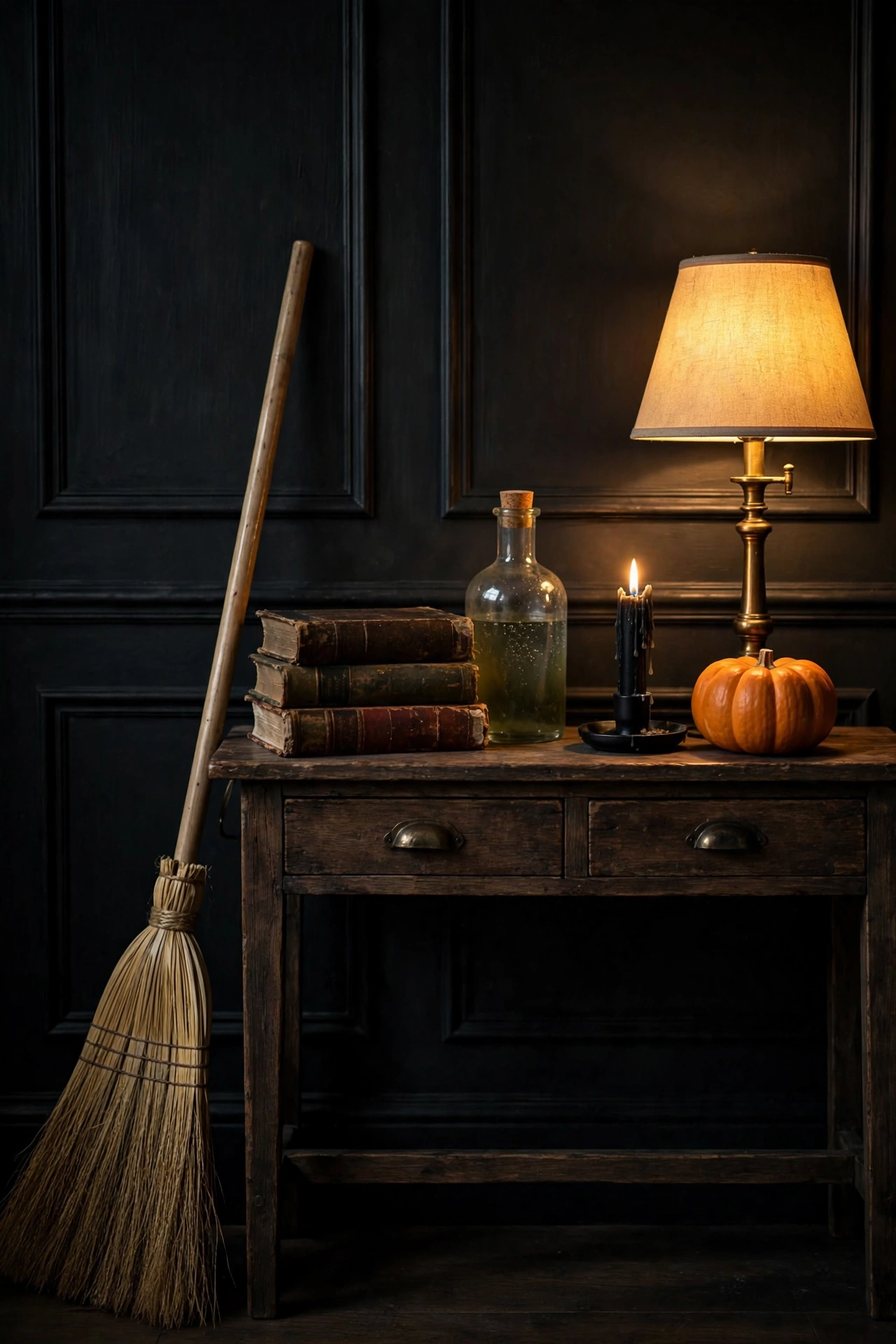 Styled entryway console with spell books, potion bottle, black candle, pumpkin, and broom