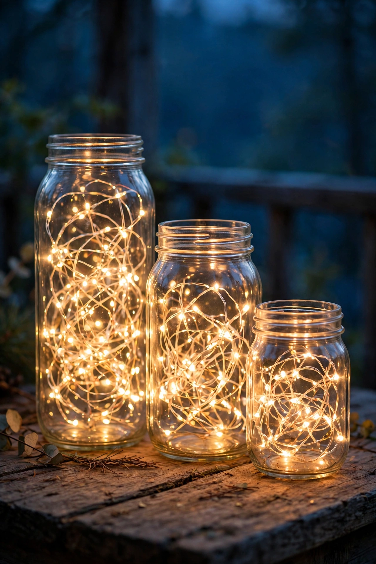 mason jars filled with warm fairy lights glowing like fireflies on a porch table at dusk