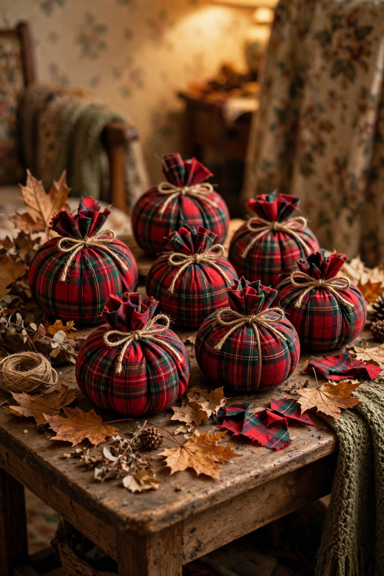 Small pumpkins wrapped in red and green plaid flannel tied with twine on a side table