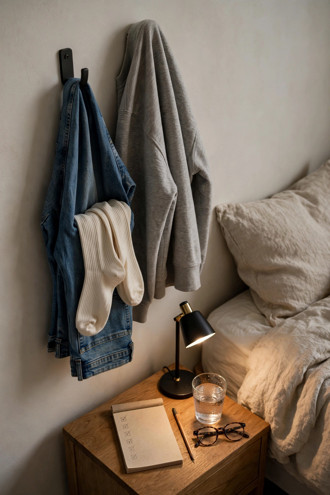 Clothes laid out on a hook and a notepad with tomorrow's tasks by the bed