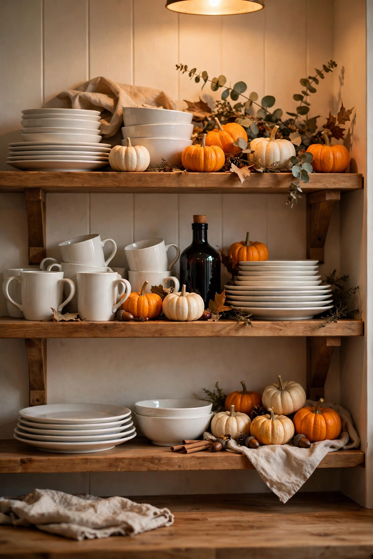 Kitchen open shelves with mini pumpkins and dark bottles tucked among dishes