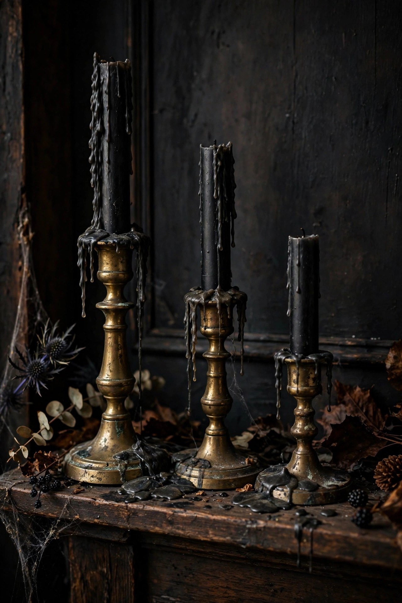 Thrifted brass candlesticks with black candles on a mantel