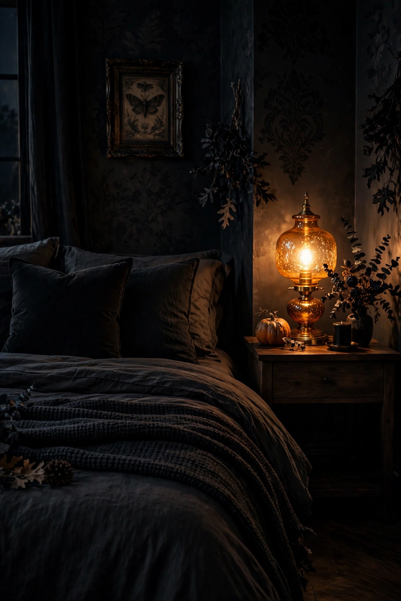 Moody bedroom corner with black throw pillows, amber glass table lamp glowing, and dark textured throw
