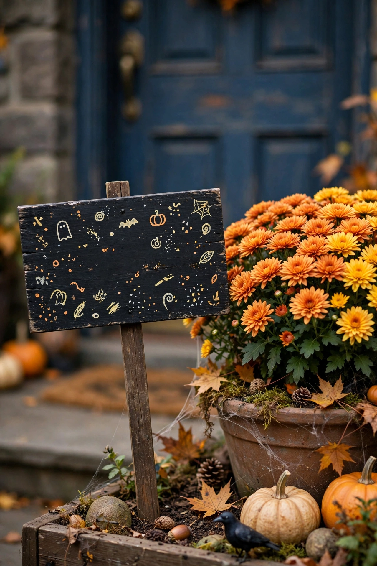 Wooden sign reading Witch Parking Only on a stake beside a front door planter