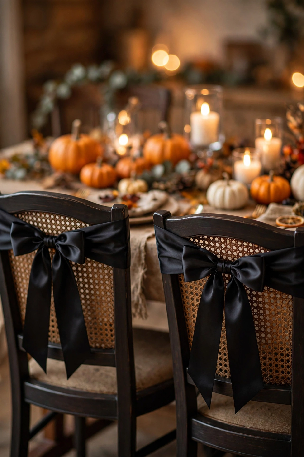 Dining chairs with black ribbon bows tied on the chair backs