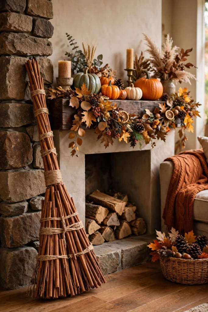 cinnamon broom leaning beside a fireplace with a styled fall mantel