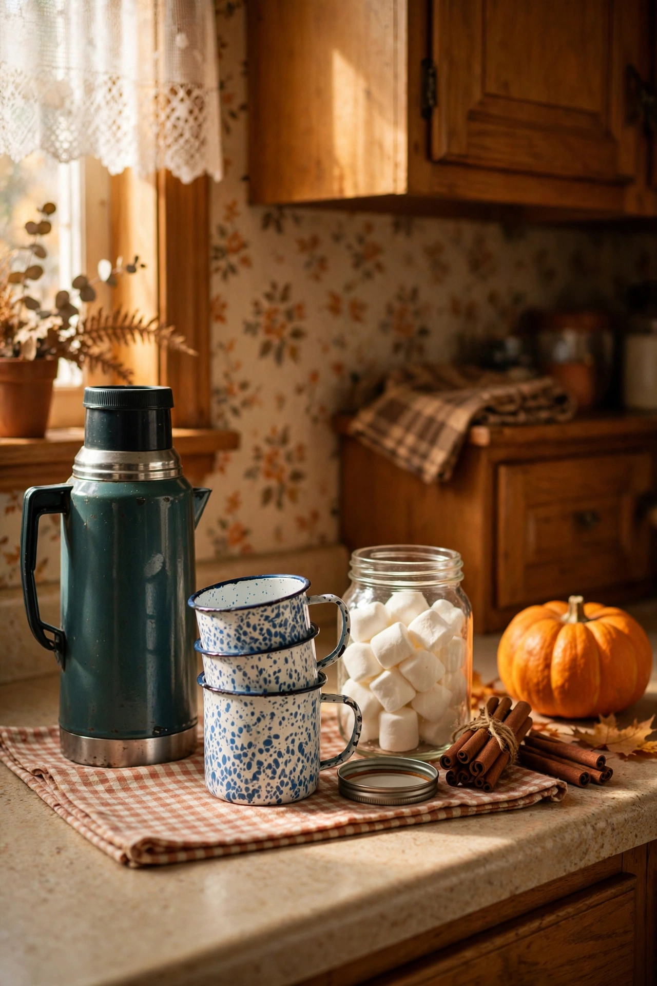 Retro hot cocoa station with a vintage thermos, enamel mugs, marshmallows and cinnamon sticks