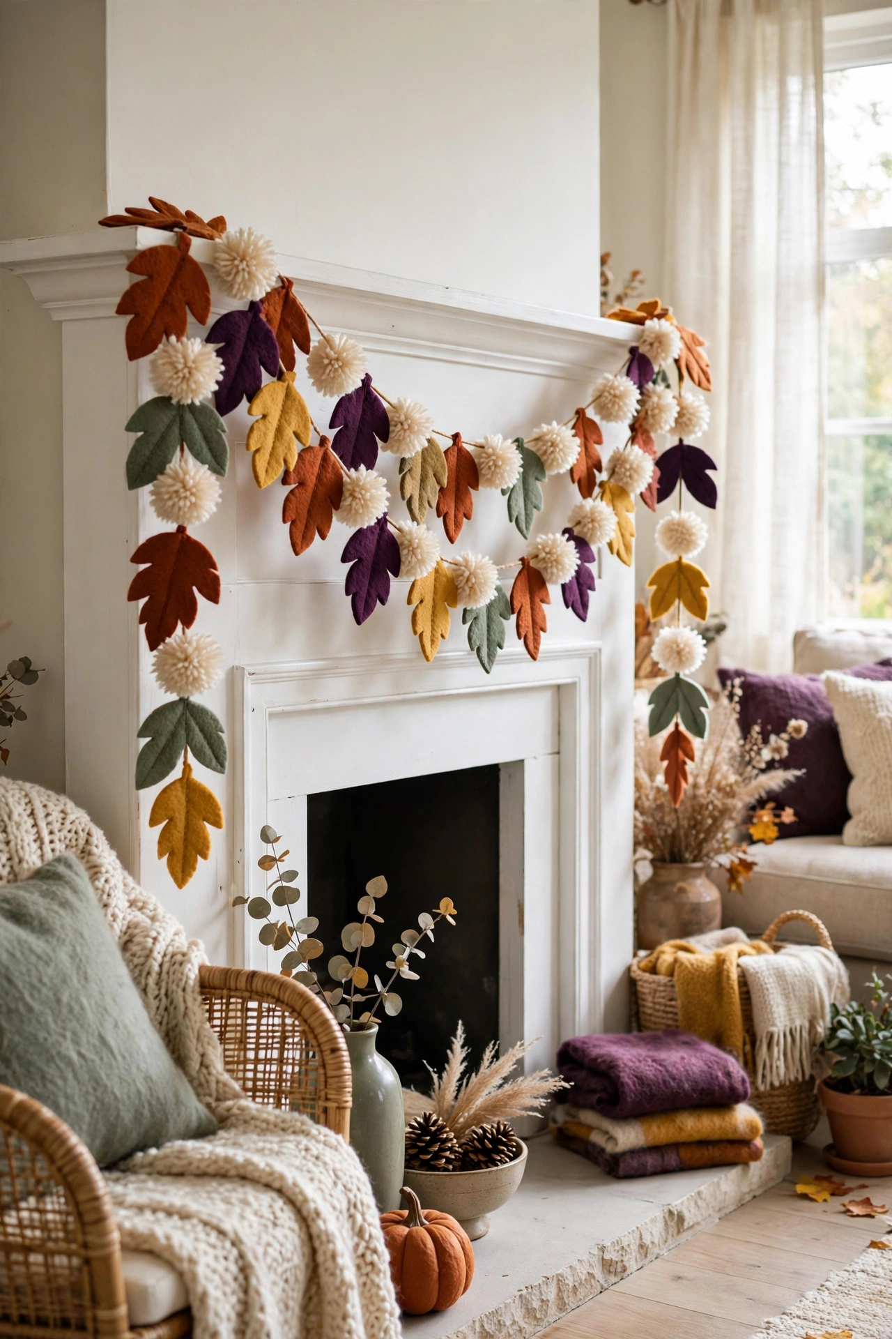 felt leaf and cream pom-pom garland draped across a fireplace mantel