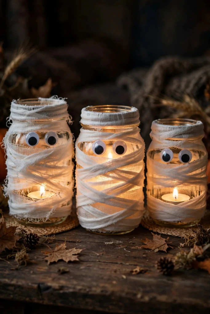 Mason jars wrapped in white gauze with googly eyes, glowing with tea lights inside
