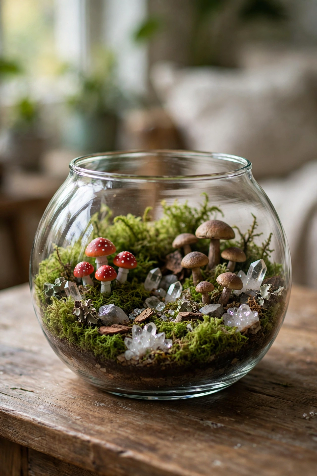 Glass terrarium with moss, mini mushrooms, and crystals on a coffee table