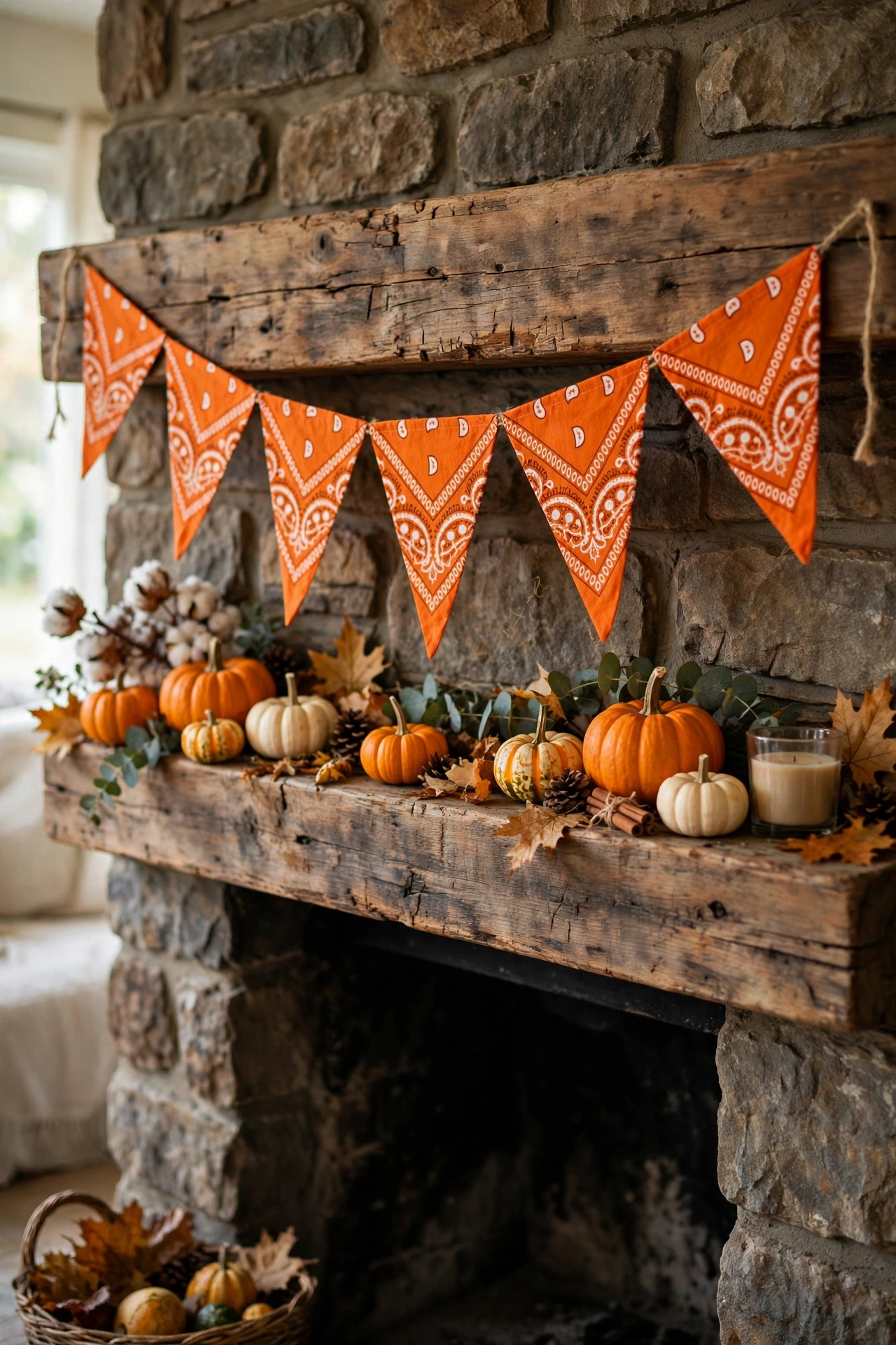 Orange bandana triangle bunting strung across a fireplace mantel