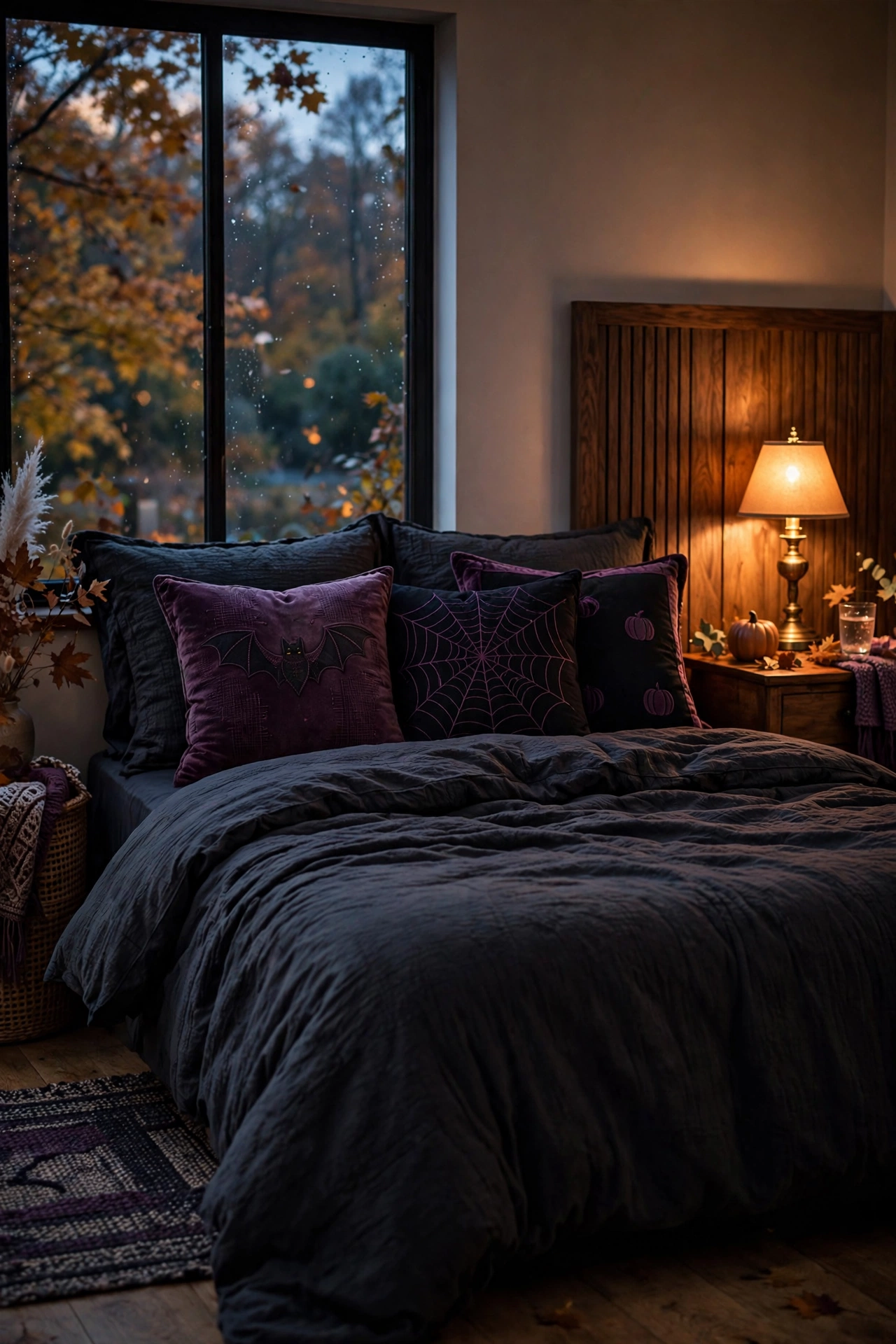 Bedroom with dark moody bedding and Halloween pillow covers