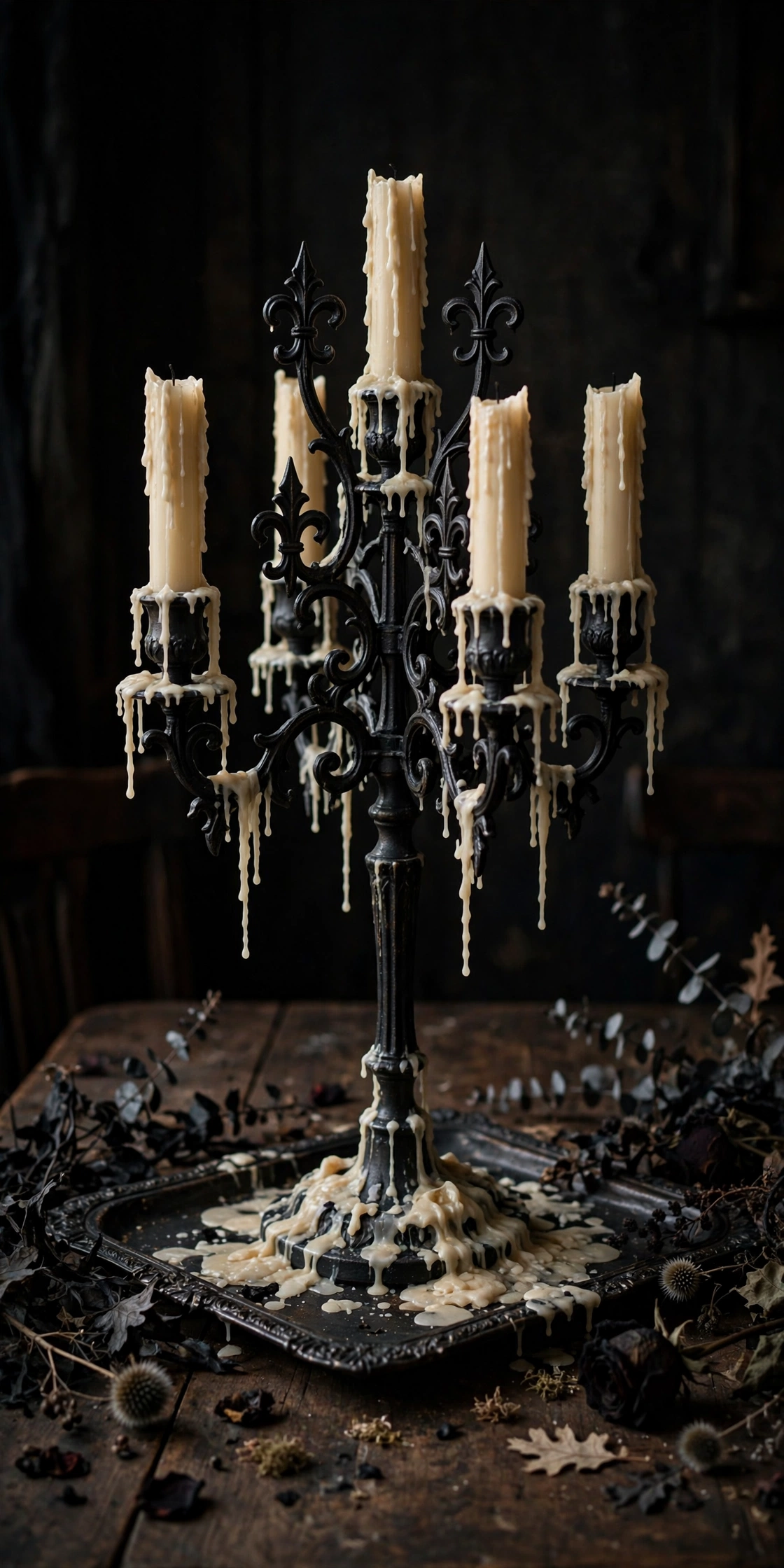 Tall black candelabra with dripping candles on a dining table