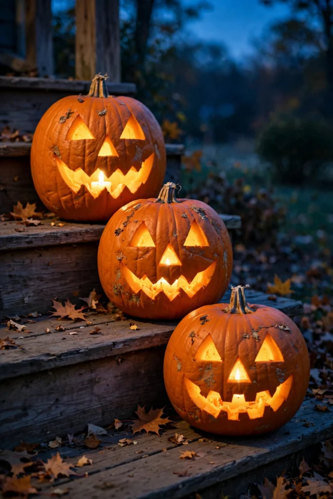 Three carved pumpkins with classic triangle eyes and jagged grins glowing on porch steps