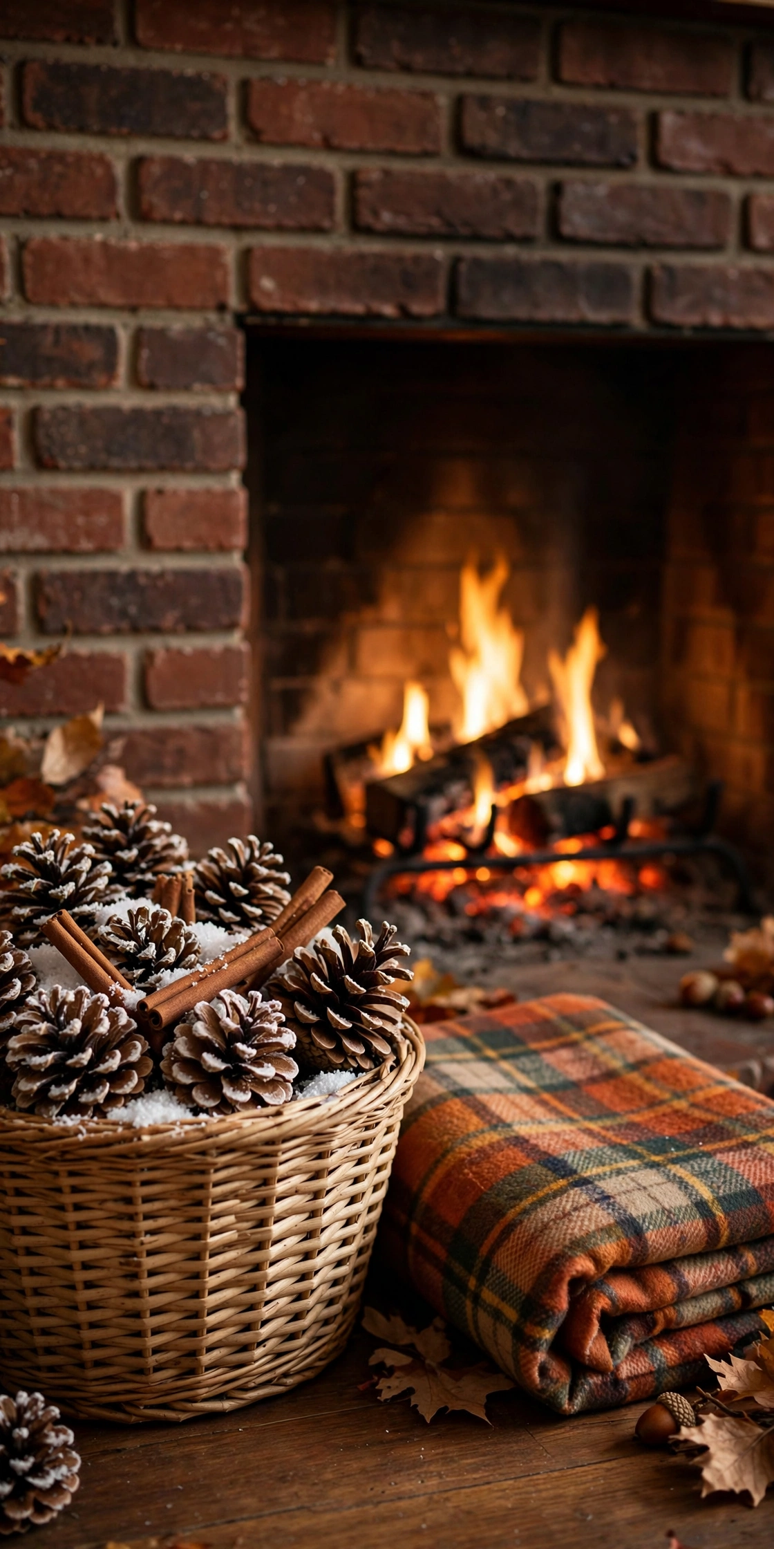 Woven basket of pinecones and cinnamon sticks beside a brick fireplace with a plaid blanket