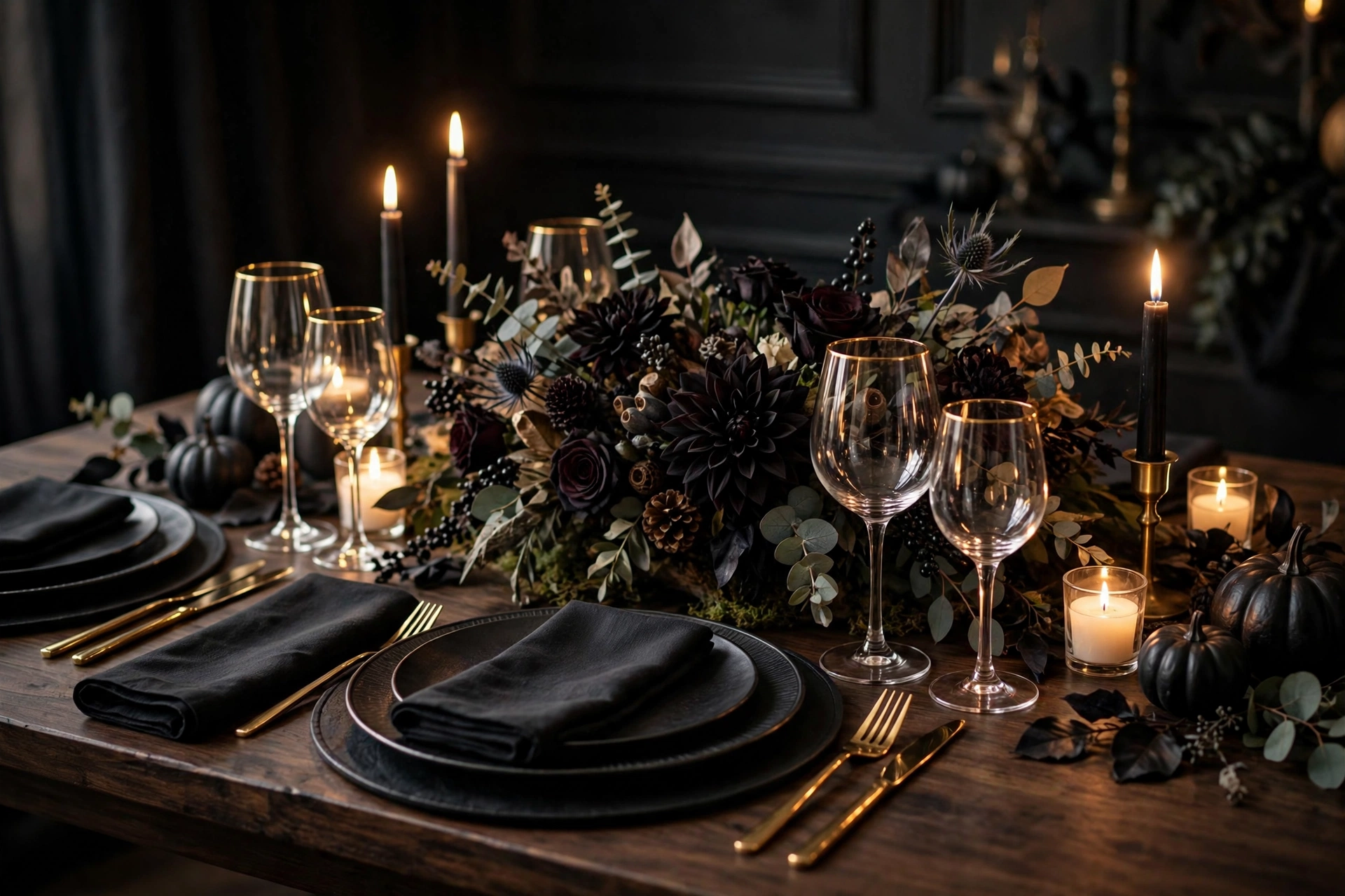 Elegant Halloween dinner table with black chargers, gold-rimmed glasses, and black napkins