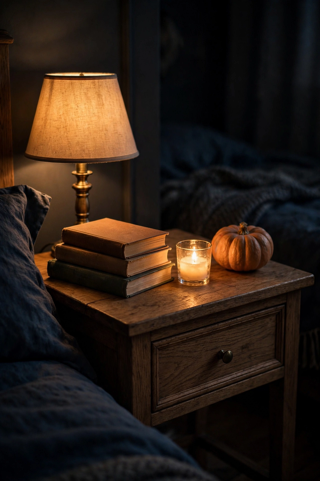 Nightstand with mini pumpkin, small LED candle, and stacked books