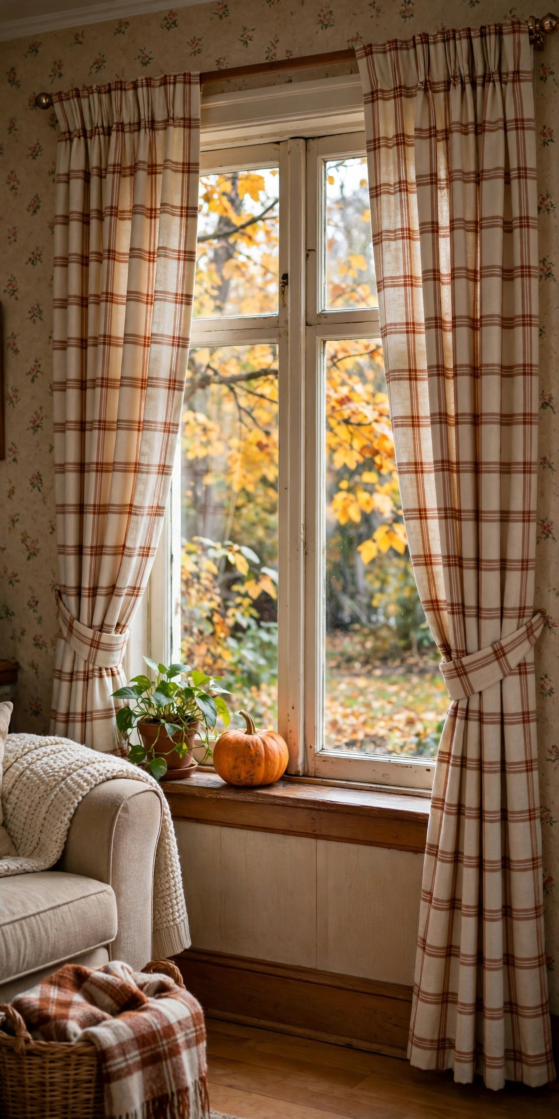 Window with cream and rust windowpane plaid curtains, a pumpkin on the sill