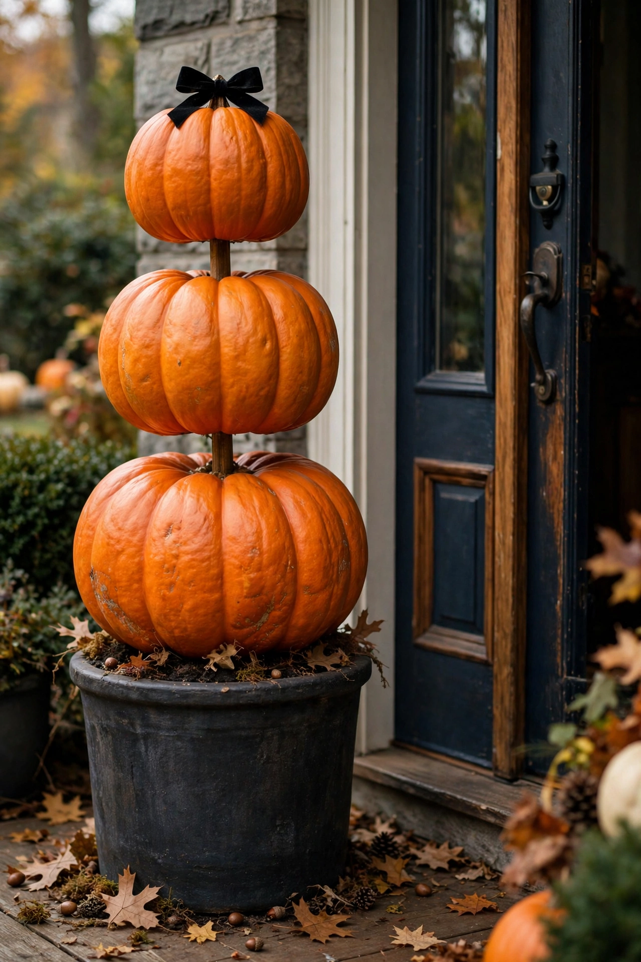 Three stacked plastic pumpkins on a dowel in a heavy pot flanking a front door