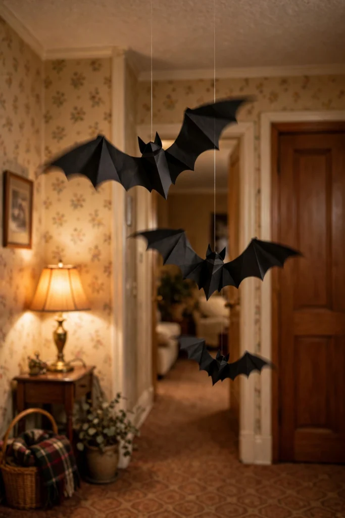 Black paper bats hanging at different heights from fishing line in a hallway