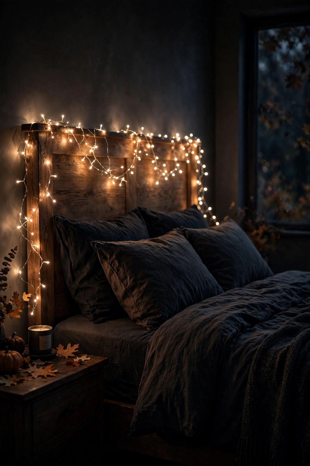Bed headboard draped with warm fairy lights glowing in a dark bedroom