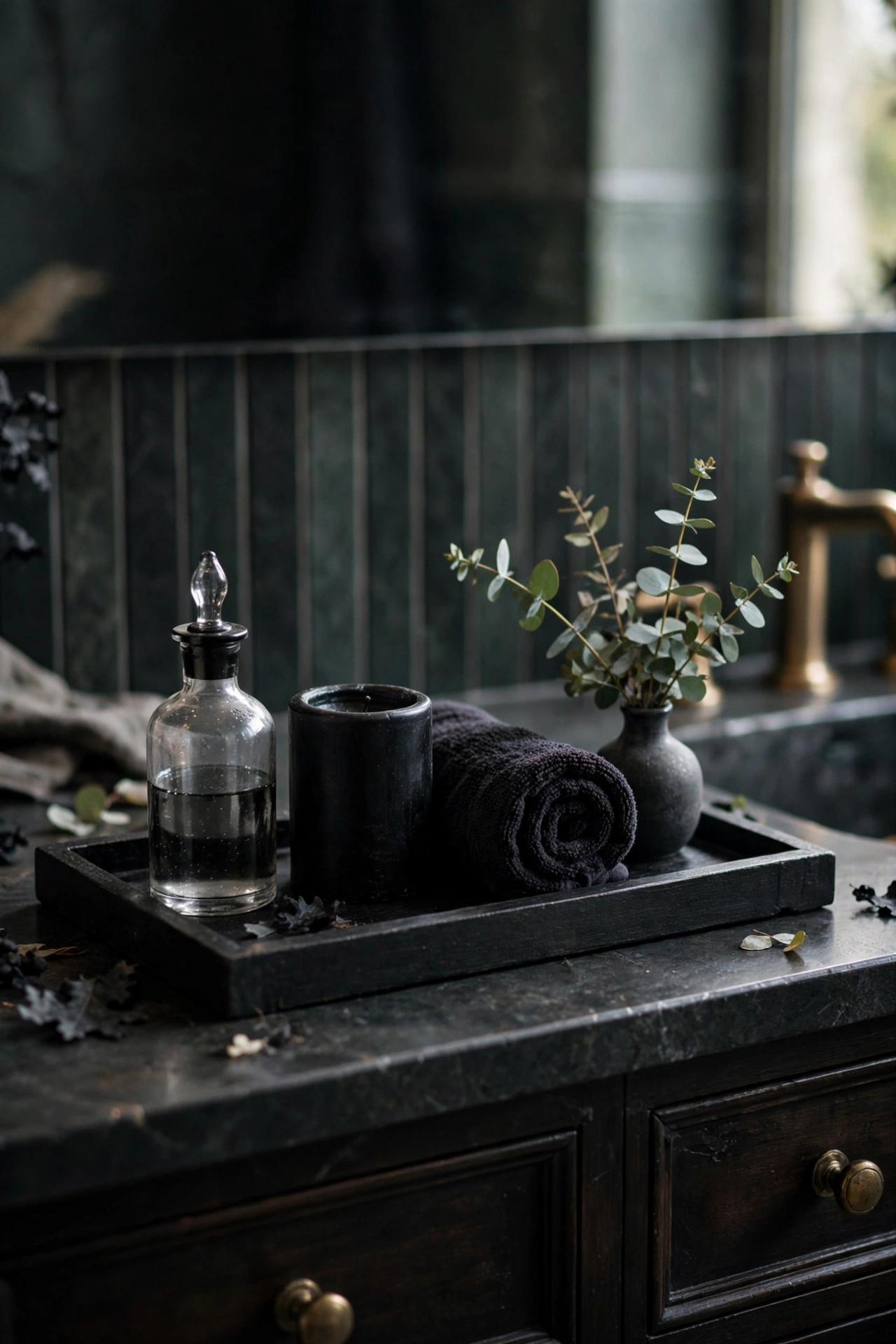 Bathroom vanity tray with potion bottle, candle, and dark rolled towel