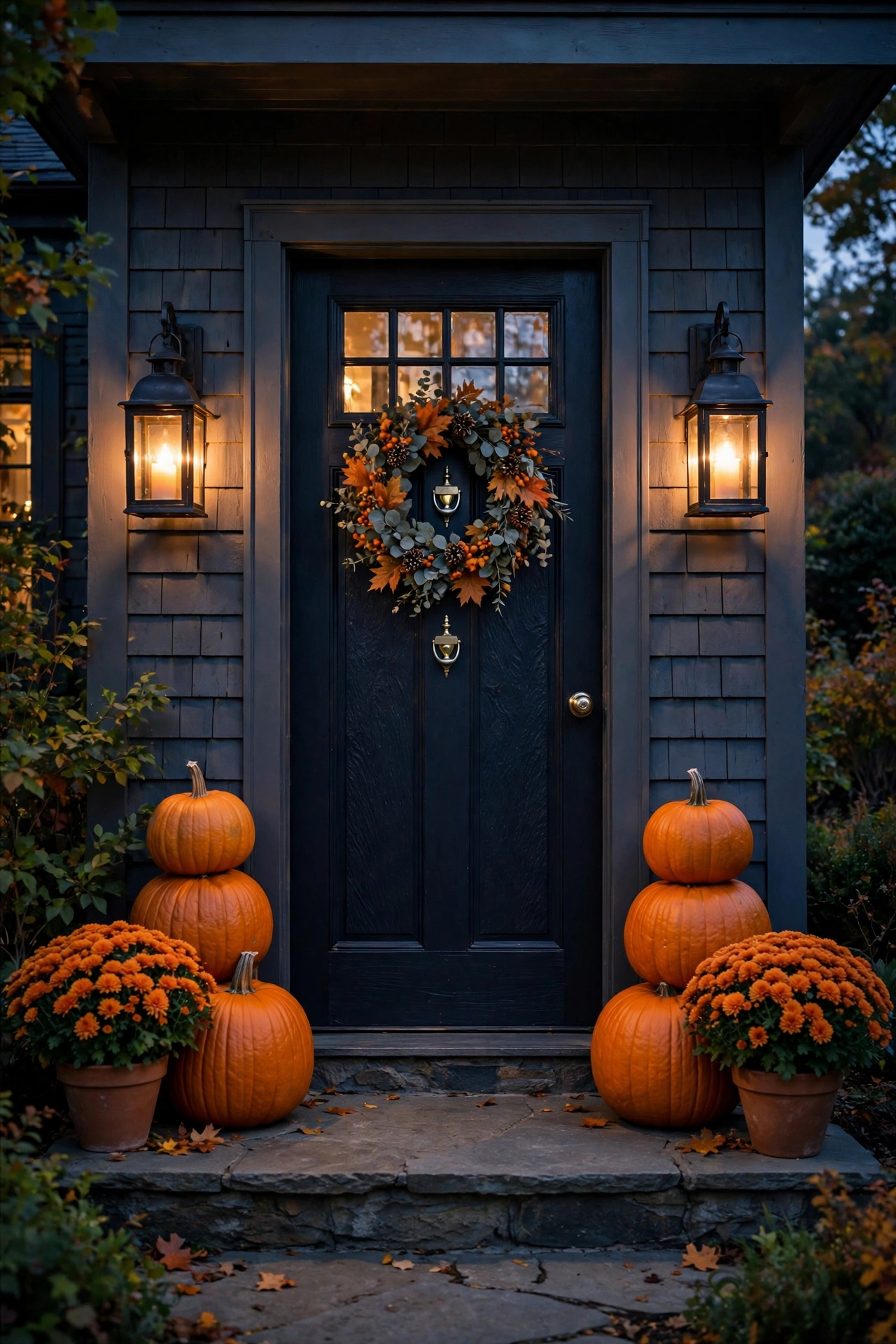 Front door flanked symmetrically with mums, stacked pumpkins, and lanterns