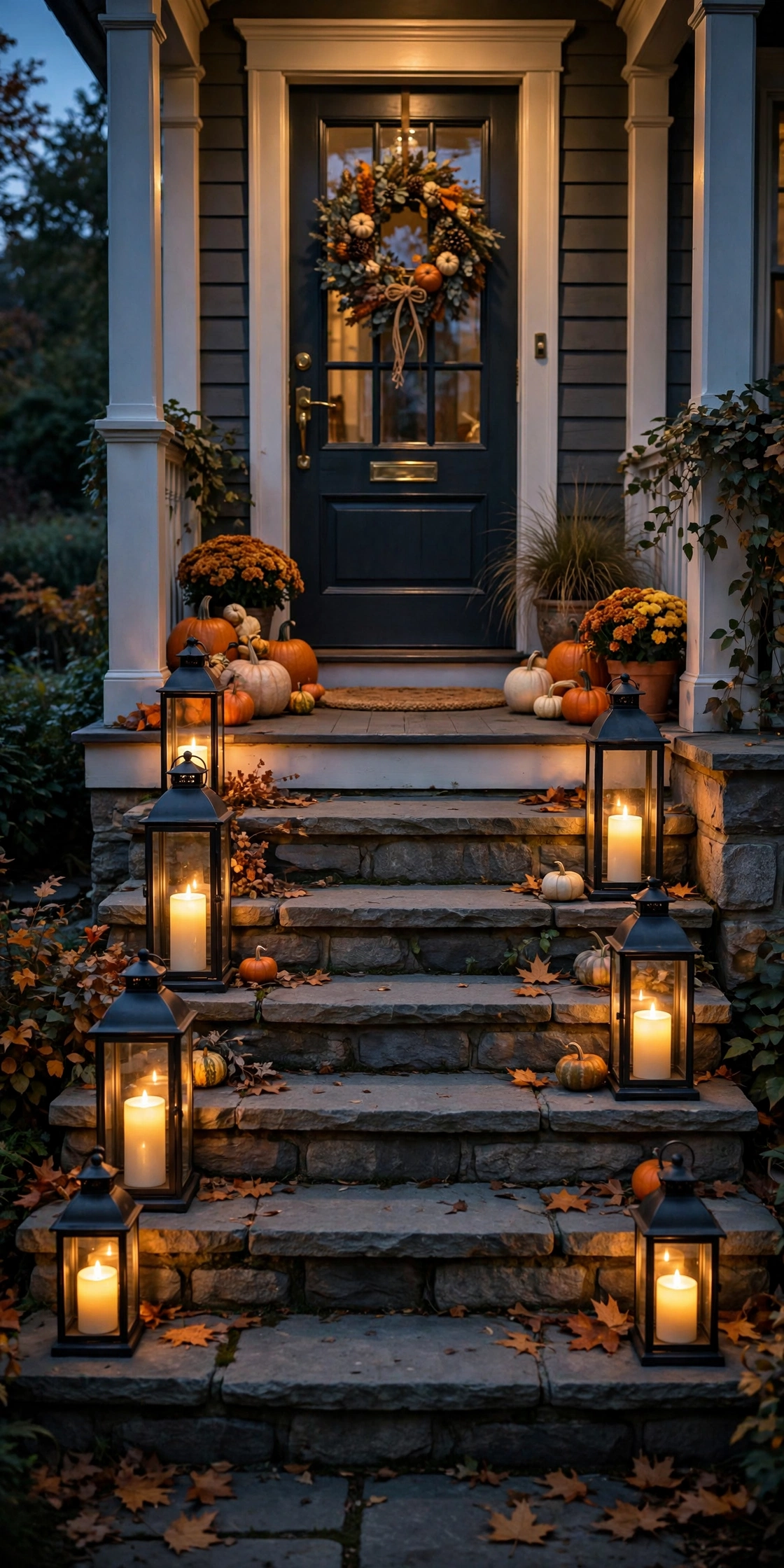 Porch steps lined with glowing lanterns at dusk