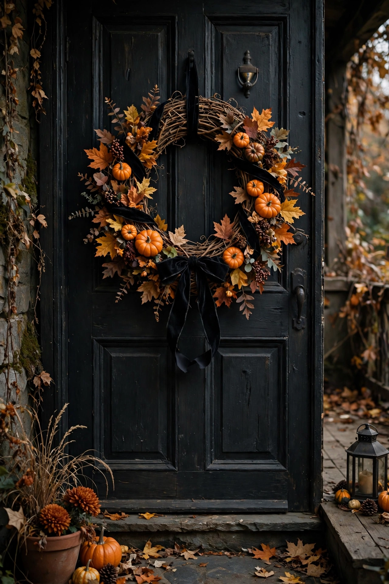 Halloween wreath with black ribbon and mini pumpkins on a front door