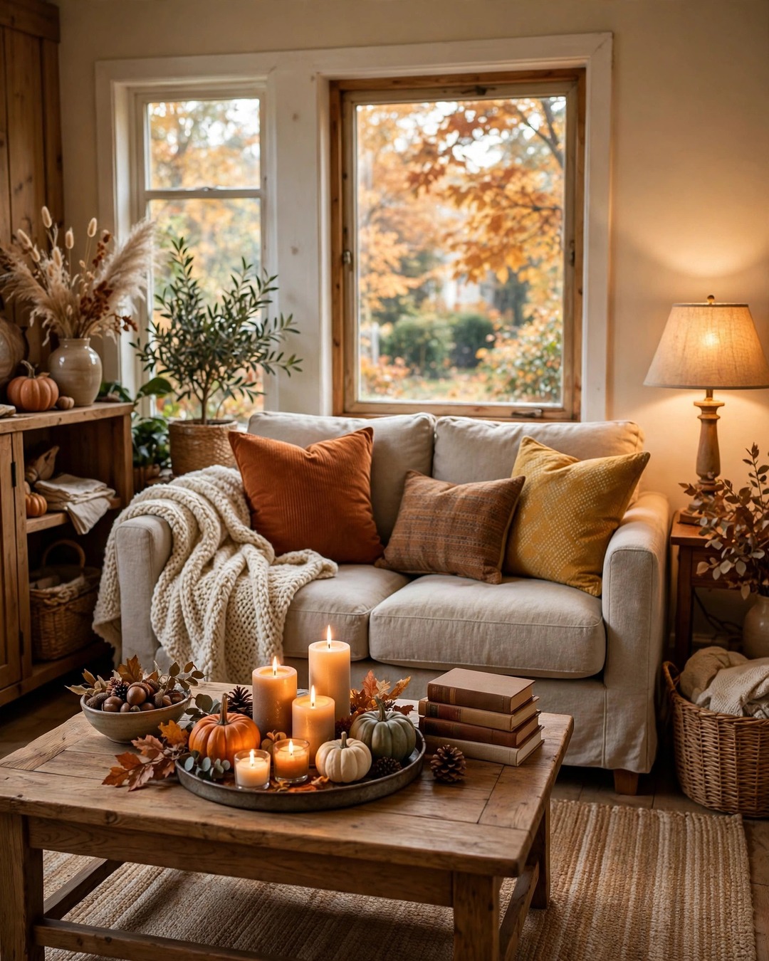 Cozy living room decorated for fall with rust throw pillows, knit blanket, and pumpkin coffee table tray