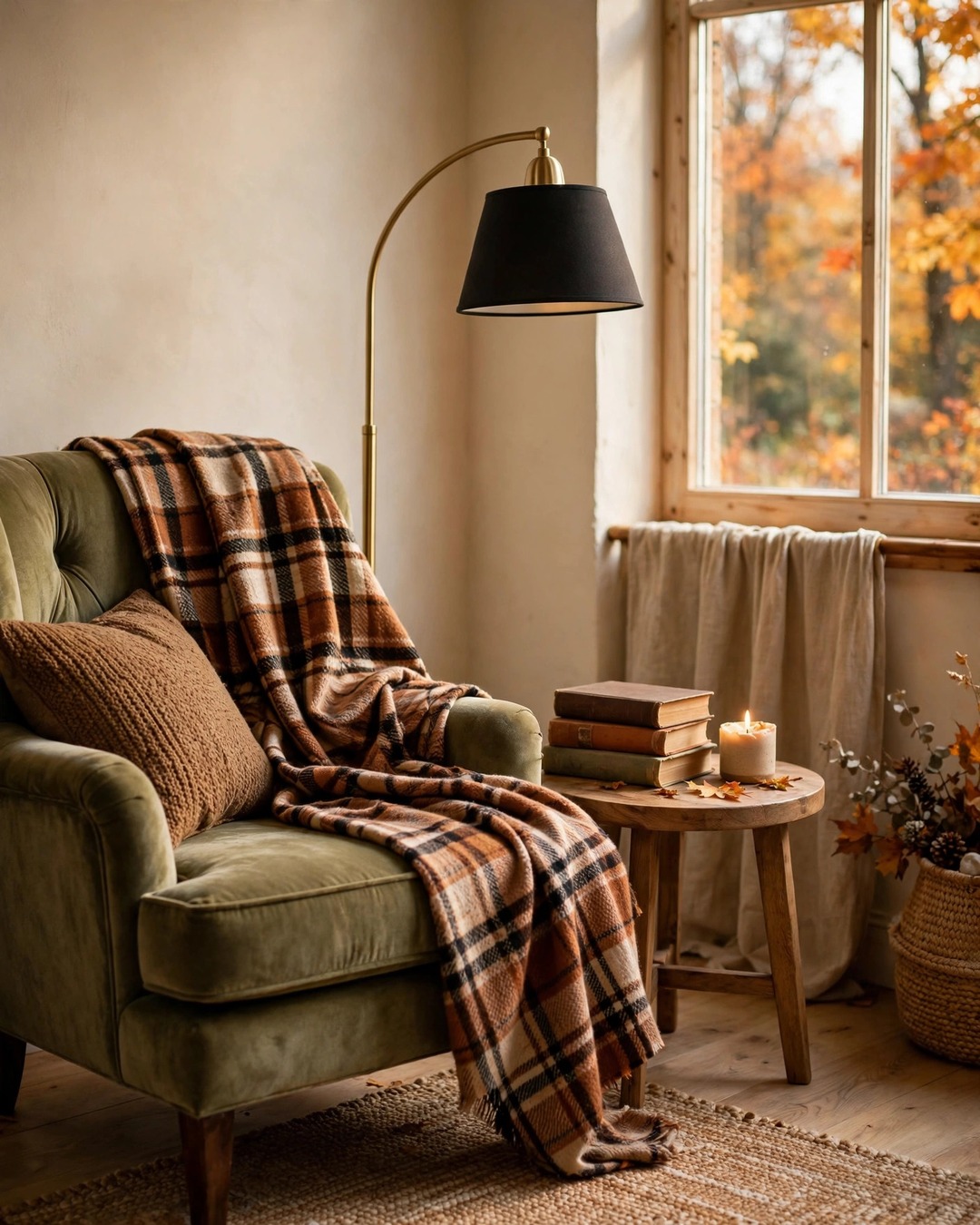 Cozy fall reading nook with armchair, plaid throw, floor lamp, and books
