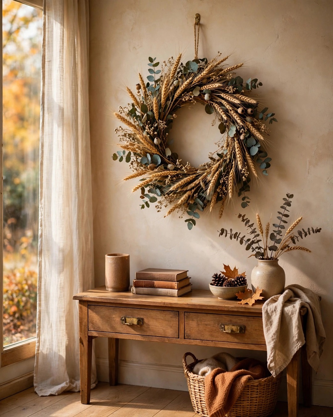 Dried wheat and eucalyptus wreath hanging on a living room wall