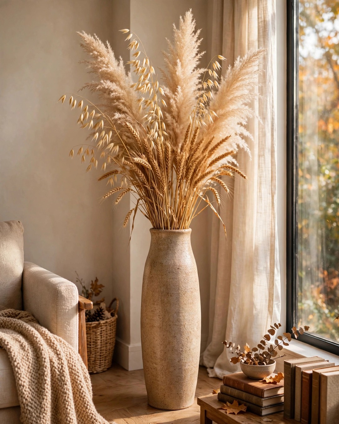 Tall ceramic vase with pampas grass and dried wheat stems
