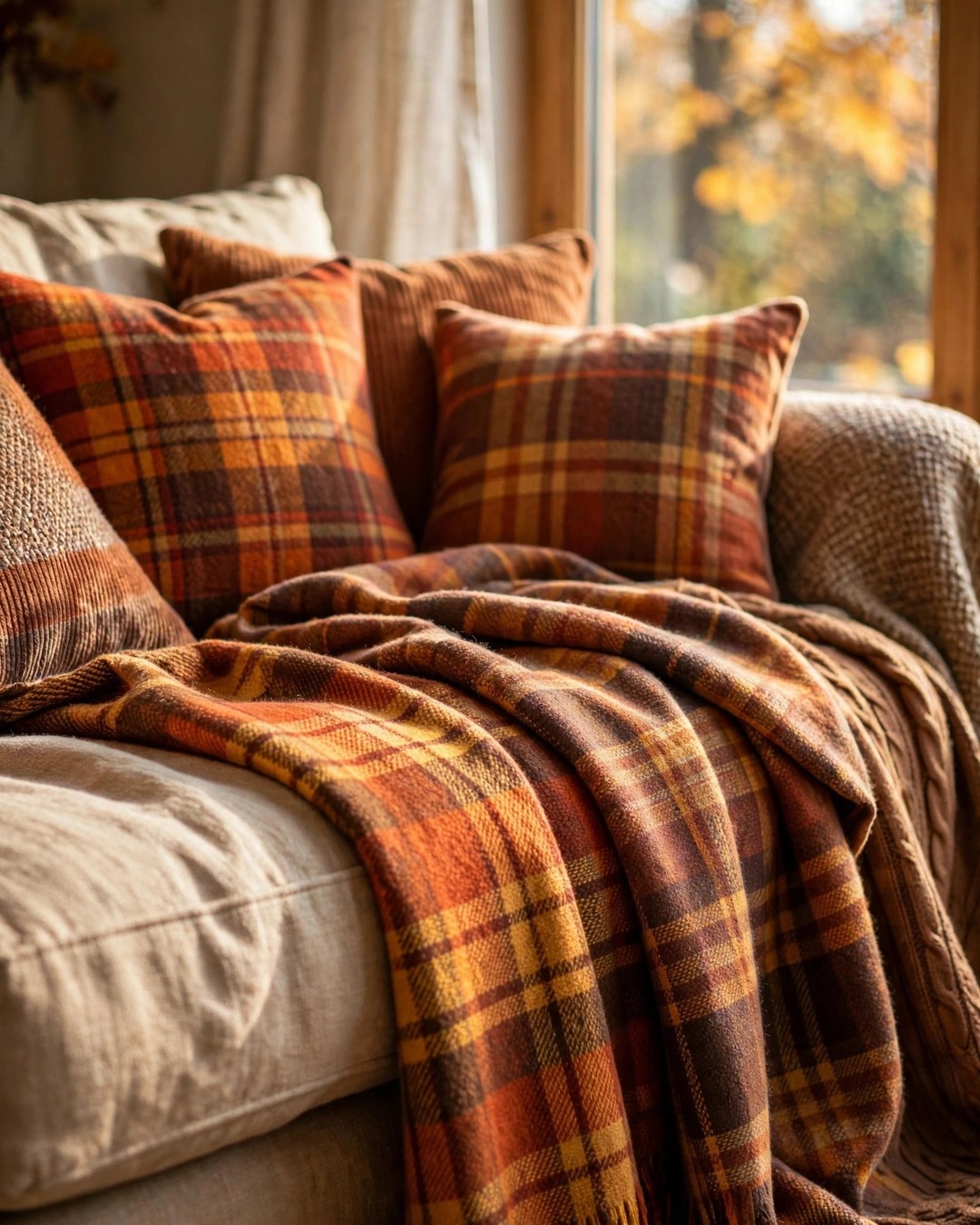 Sofa with plaid throw blankets in warm autumn tones