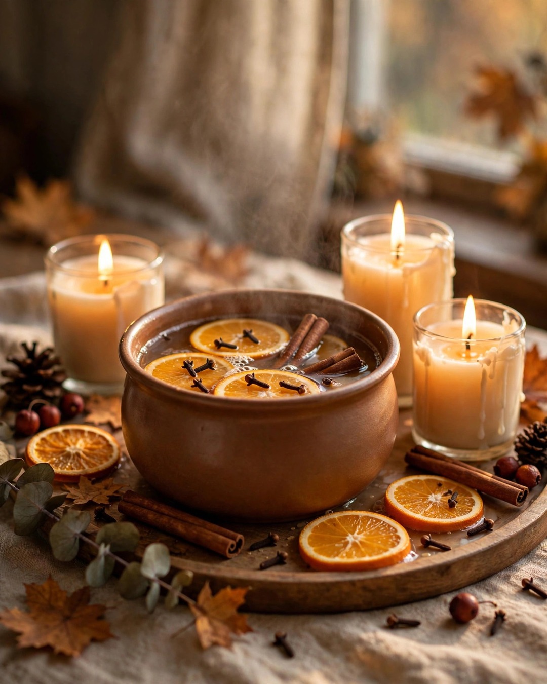 Fall simmer pot with orange slices, cinnamon, and cloves beside lit candles