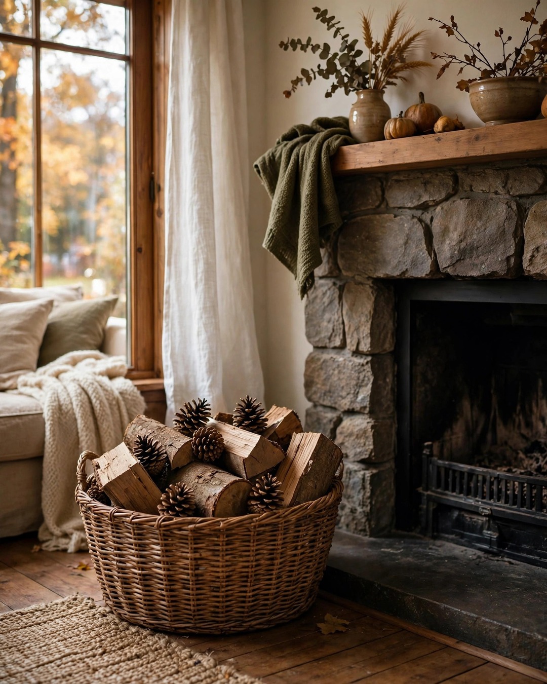 Woven basket of firewood and pinecones beside a fireplace