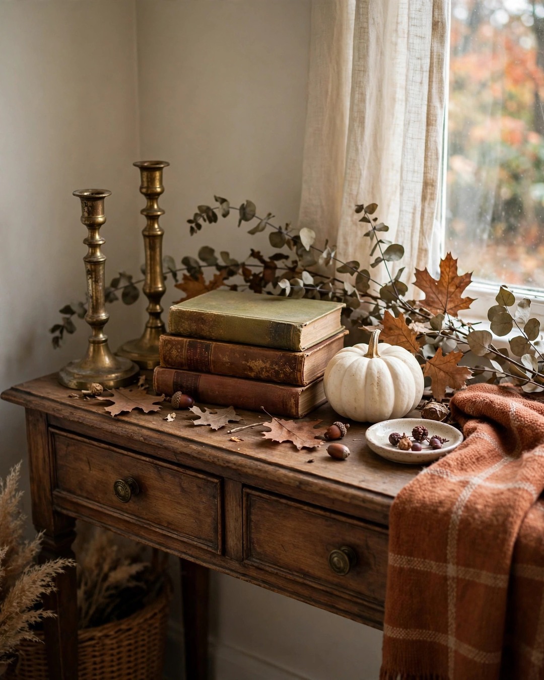 Thrifted fall decor with brass candlesticks, old books, and a white pumpkin on a console