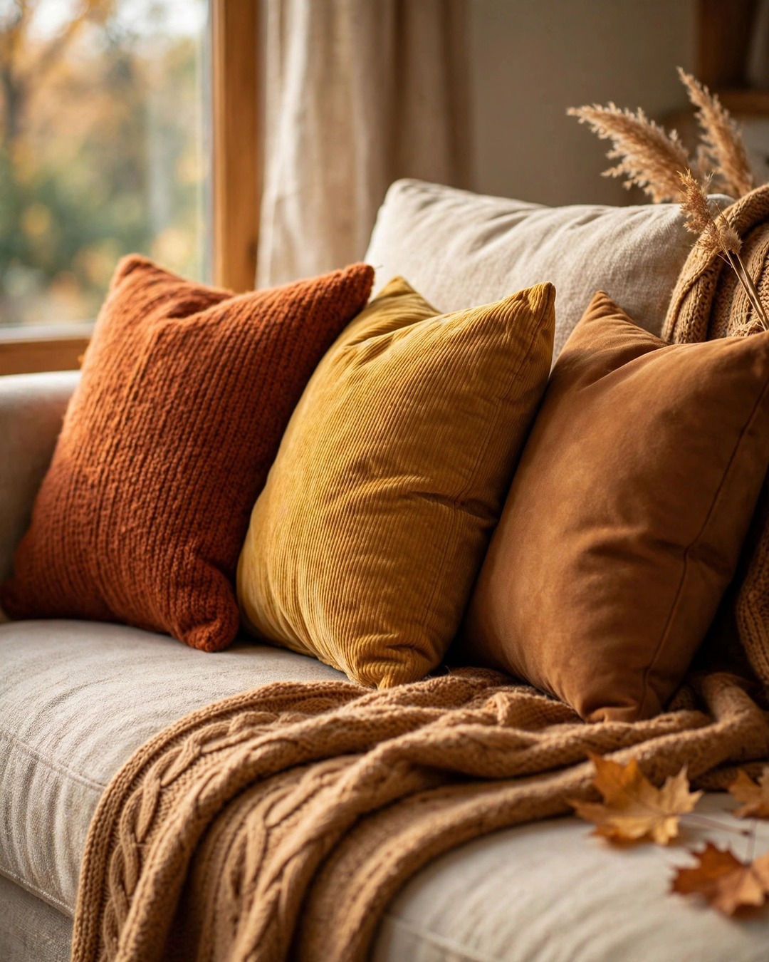 Sofa with warm-toned throw pillows in rust, mustard, and caramel for fall