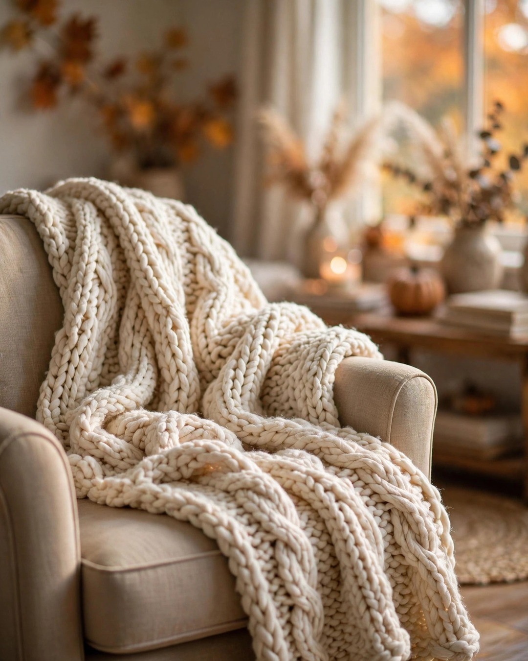 Chunky cream knit throw blanket draped over a beige armchair