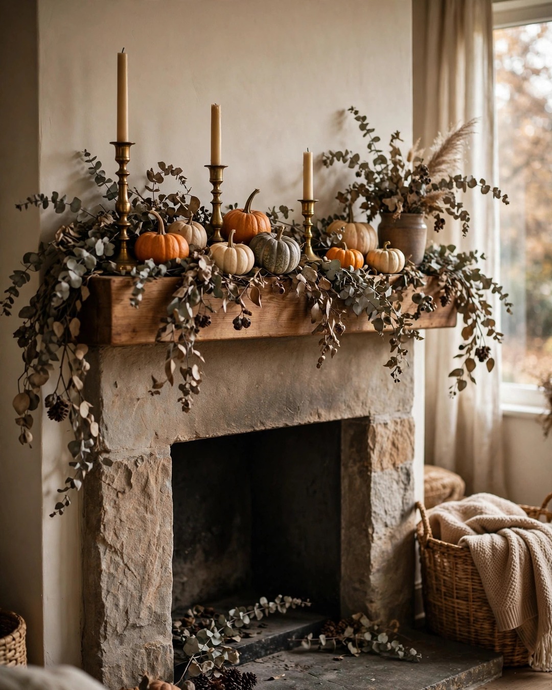 Fireplace mantel with dried eucalyptus garland, brass candlesticks, and pumpkins