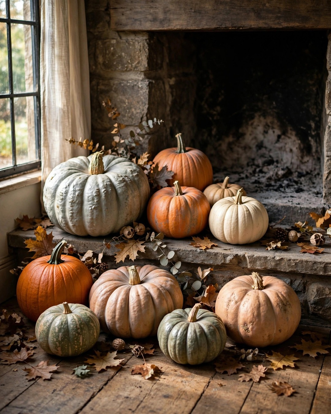 Cluster of pumpkins in different sizes and muted colors on a fireplace hearth