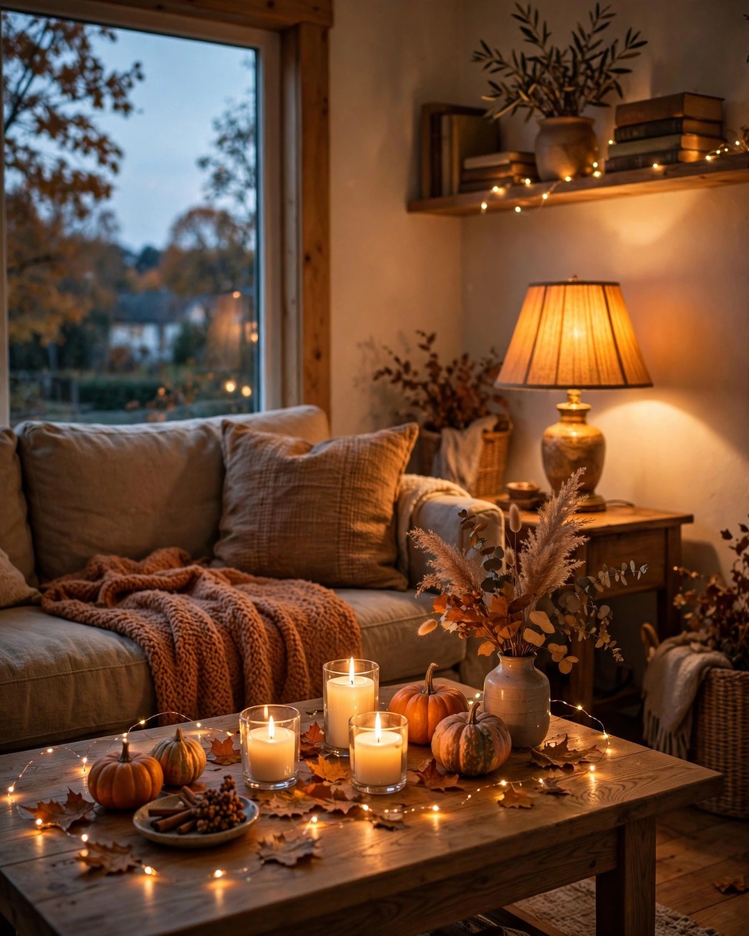Living room at dusk with warm lamplight, candles, and fairy lights