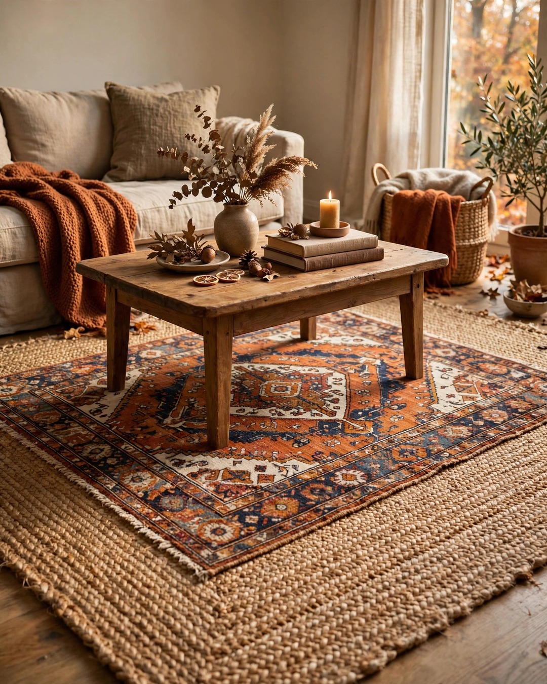 Layered rugs with a vintage patterned rug over natural jute under a coffee table