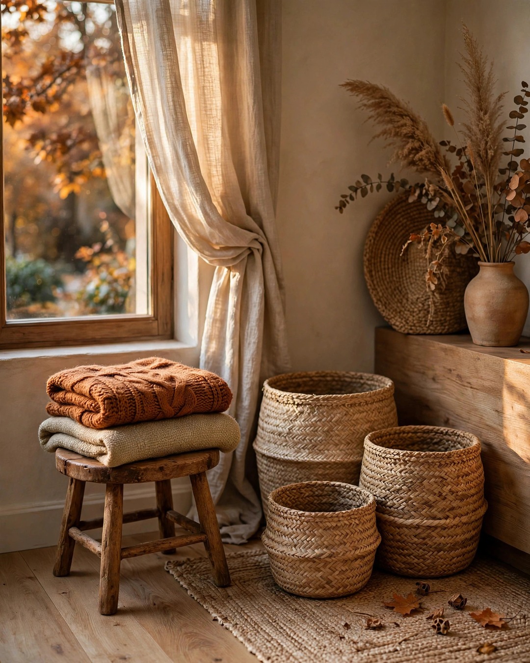 Living room corner with woven baskets, wooden stool, and folded throws